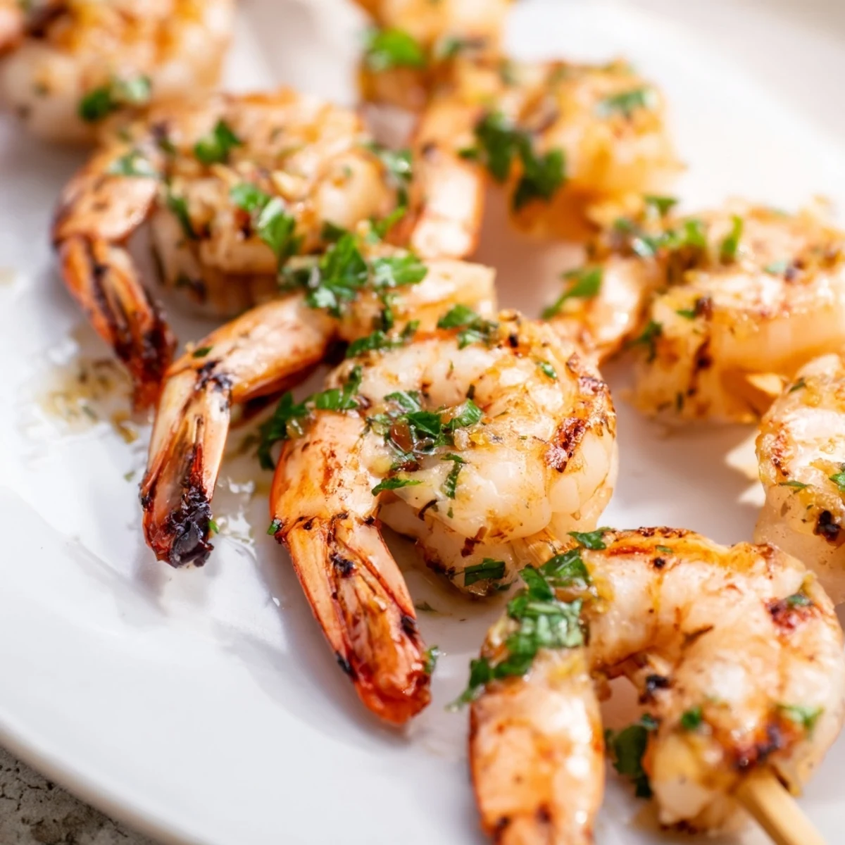 Close-up of Lemon Garlic Shrimp Skewers with Parsley highlighting juicy shrimp, minced garlic, and bright green parsley garnish.