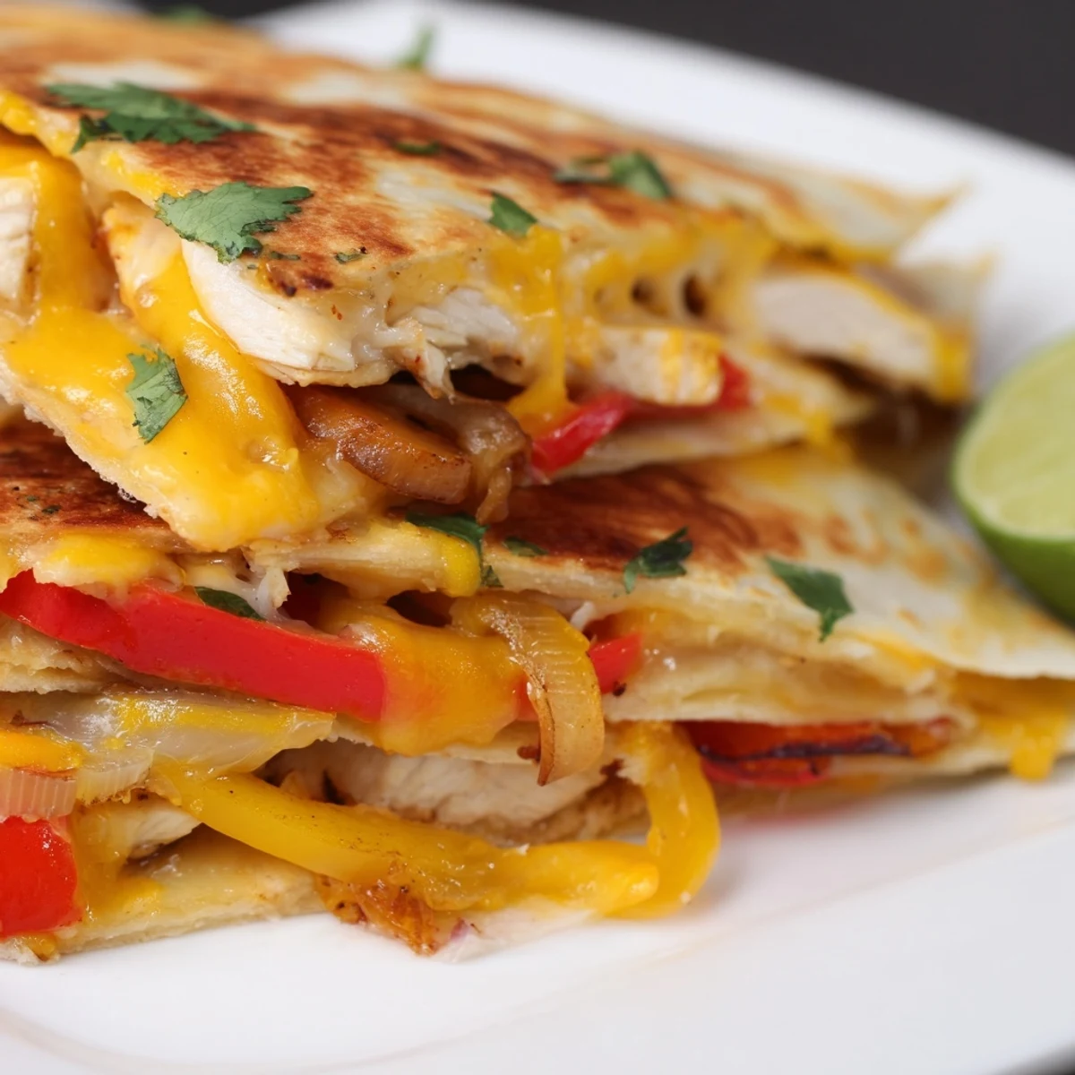 Sizzling Chicken Quesadillas with Peppers, Onions, and Cheese served with salsa and lime.
