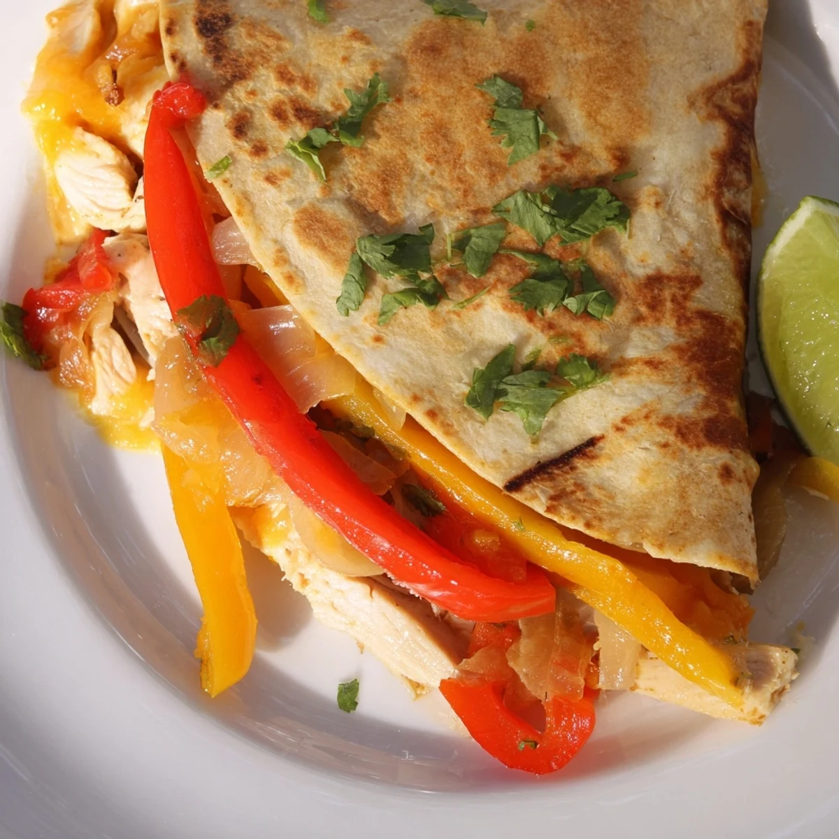 Freshly cooked Chicken Quesadillas with Peppers, Onions, and Cheese on a rustic plate.