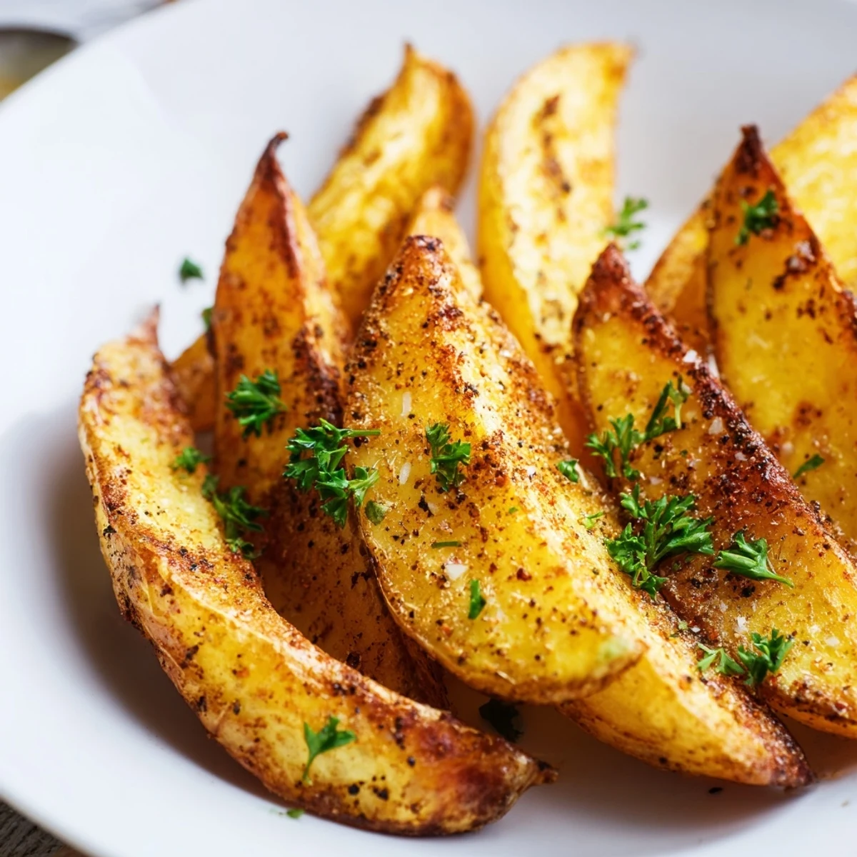 A close up look at seasoned Crispy Oven Baked Potato Wedges with Herbs, showing fluffy insides and crunchy edges.
