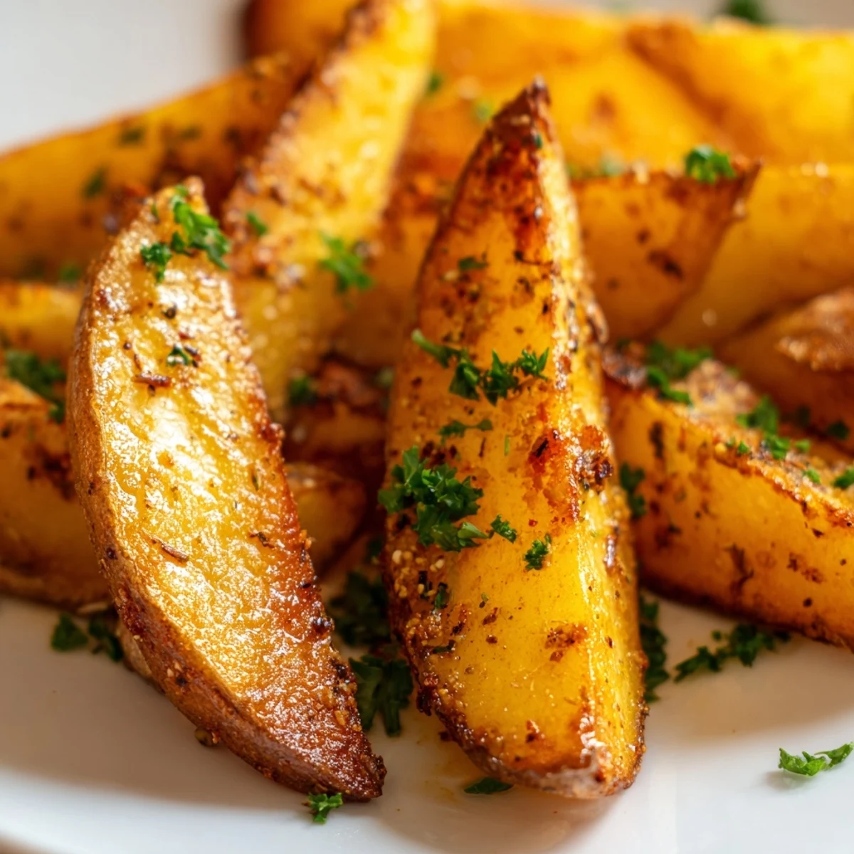 Golden brown Crispy Oven Baked Potato Wedges with Herbs stacked high, garnished with fresh parsley for a savory side dish.