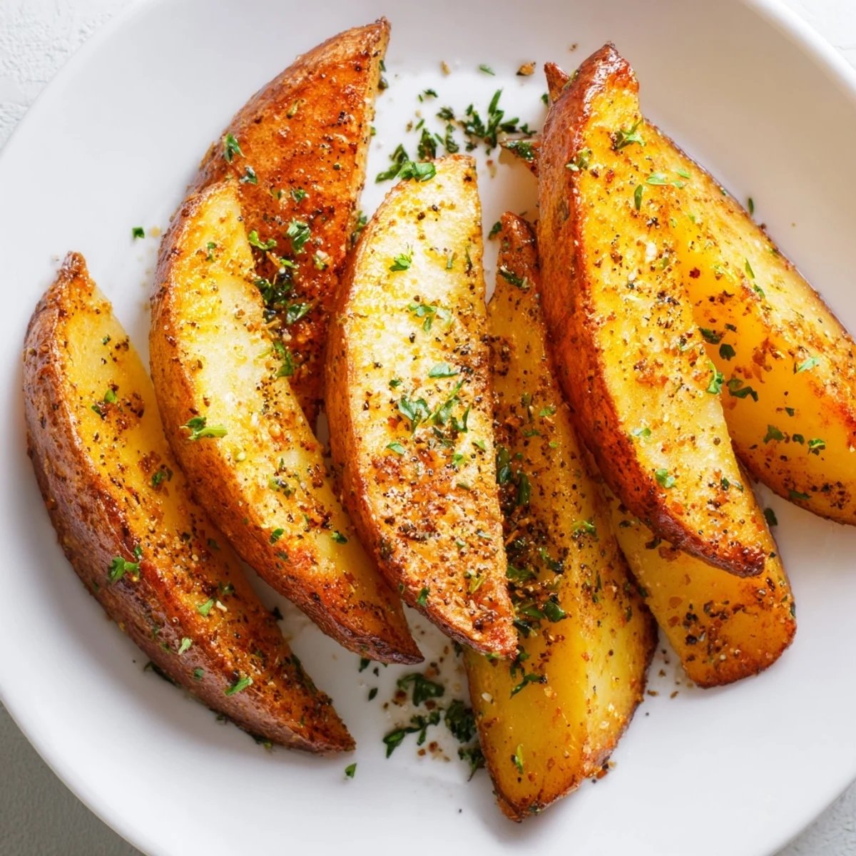 Freshly baked Crispy Oven Baked Potato Wedges with Herbs served on a rustic plate, perfect for dipping in ketchup.