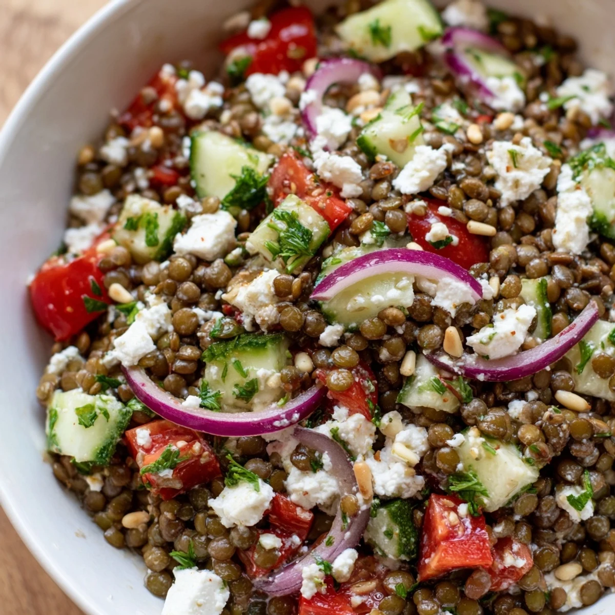 A vibrant Mediterranean Lentil Salad with crumbled feta, fresh herbs, and diced vegetables ready to serve.