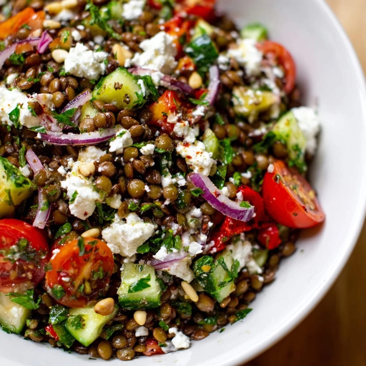 Bowl of Mediterranean Lentil Salad topped with toasted pine nuts and a zesty lemon-herb dressing.