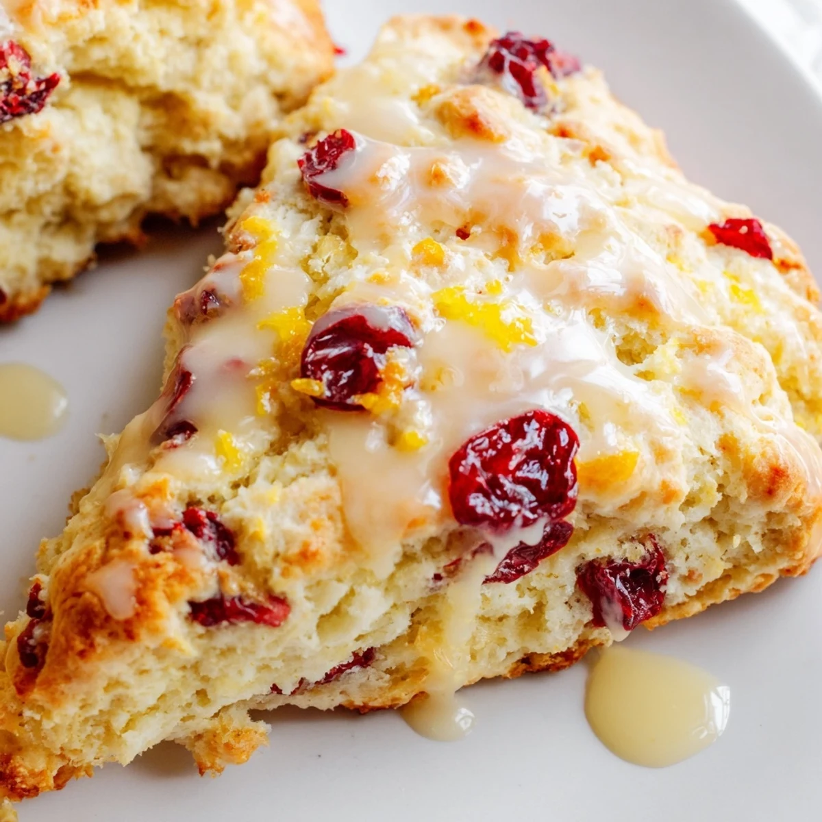 Freshly baked Cranberry Orange Scones with Sweet Orange Glaze, showing vibrant red cranberries and zest inside the flaky pastry.