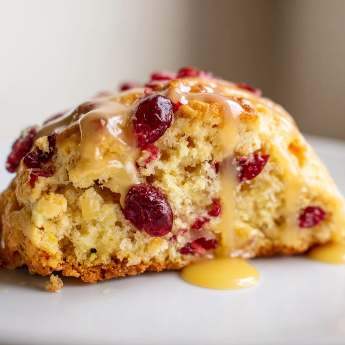 Golden-baked Cranberry Orange Scones with Sweet Orange Glaze, served warm on a rustic plate near a cup of coffee.