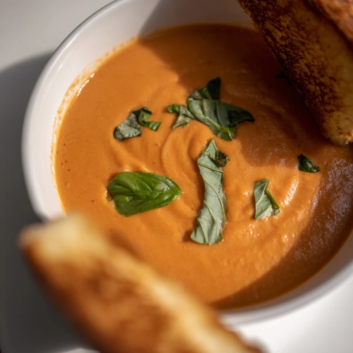 Creamy Tomato Basil Bisque with Grilled Cheese Soldiers steaming in a rustic bowl, bright basil garnish, and golden strips for dipping.