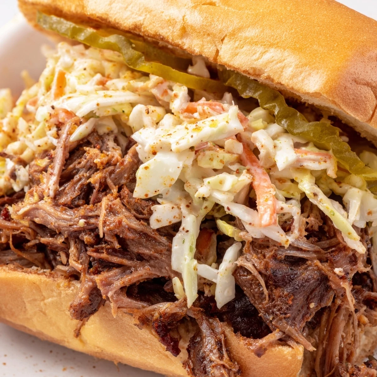 Close-up on a Soft Slow Cooked Pulled Beef Sandwich, showcasing tender meat and melted butter on the bun.