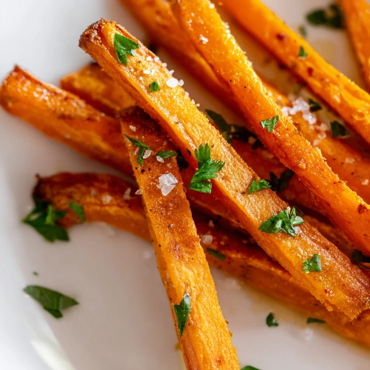 Golden, crispy Oven Baked Sweet Potato Fries garnished with fresh parsley on a rustic plate