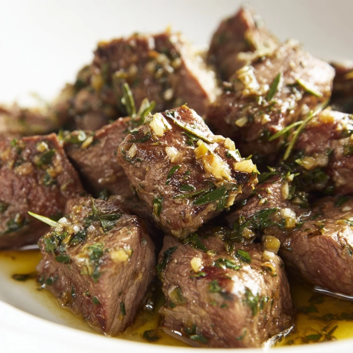 Freshly seared Garlic Butter Steak Bites with herbs sit in a skillet, garnished with lemon wedges for a zesty finish.