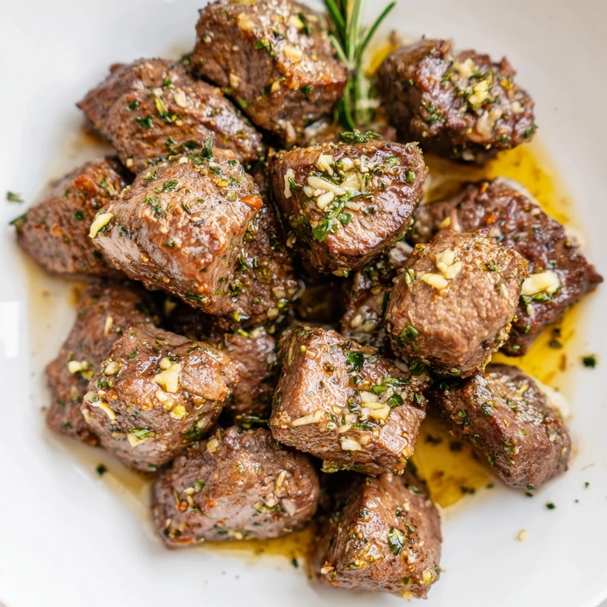 Sizzling Garlic Butter Steak Bites topped with fresh parsley and thyme, served hot alongside a crisp green salad.