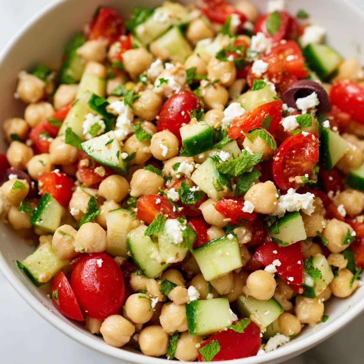 A beautiful bowl of Mediterranean Chickpea Salad features cucumber, tomatoes, and zesty lemon dressing.
