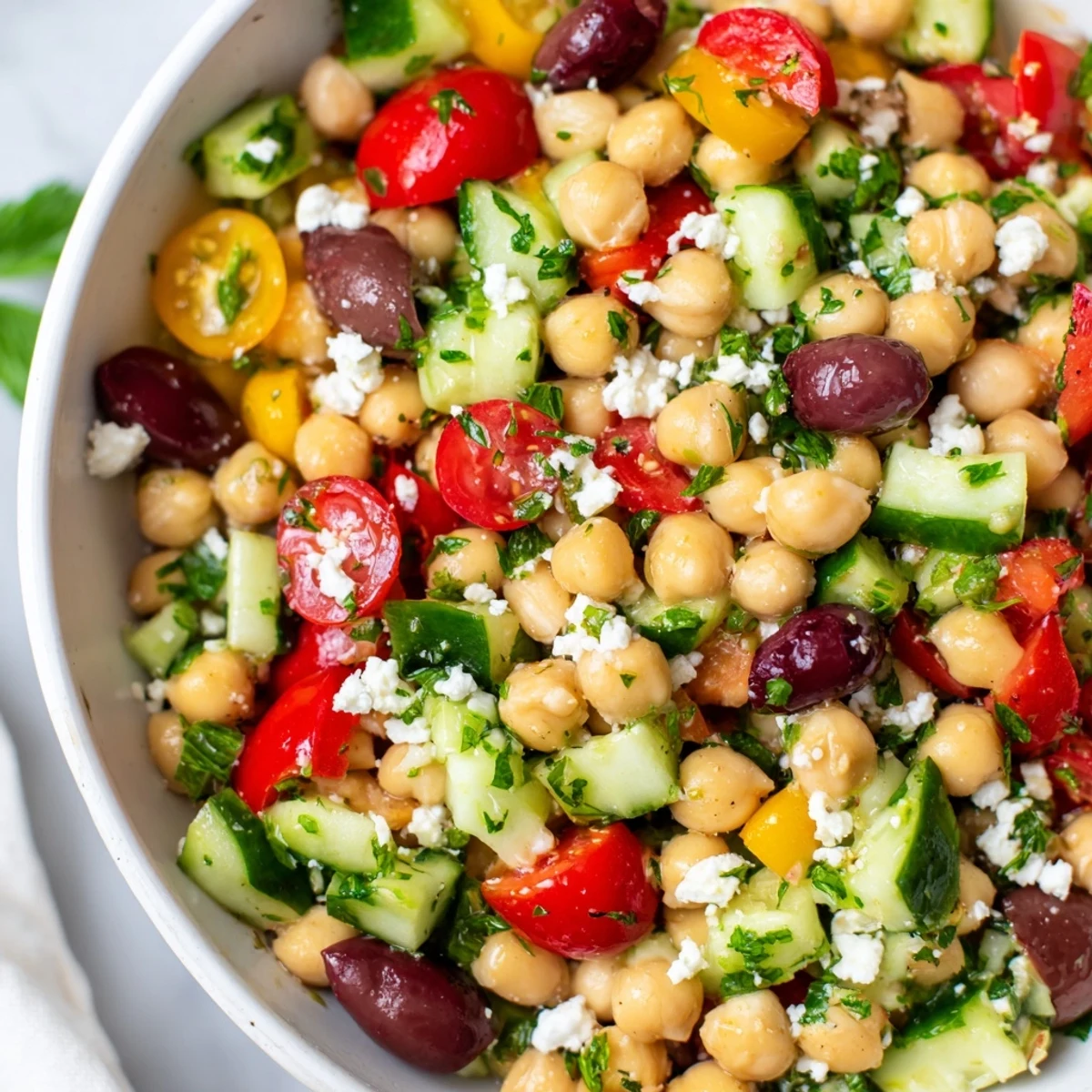 Vibrant Mediterranean Chickpea Salad with cucumber, bursting with fresh herbs, ready to enjoy.