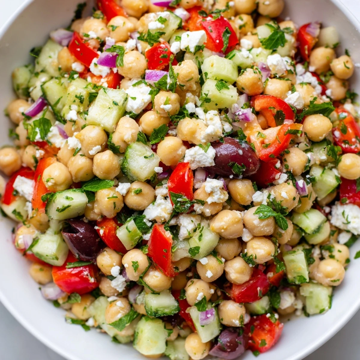Cool, refreshing Mediterranean Chickpea Salad with cucumber: a delicious vegetarian salad perfect for lunch.