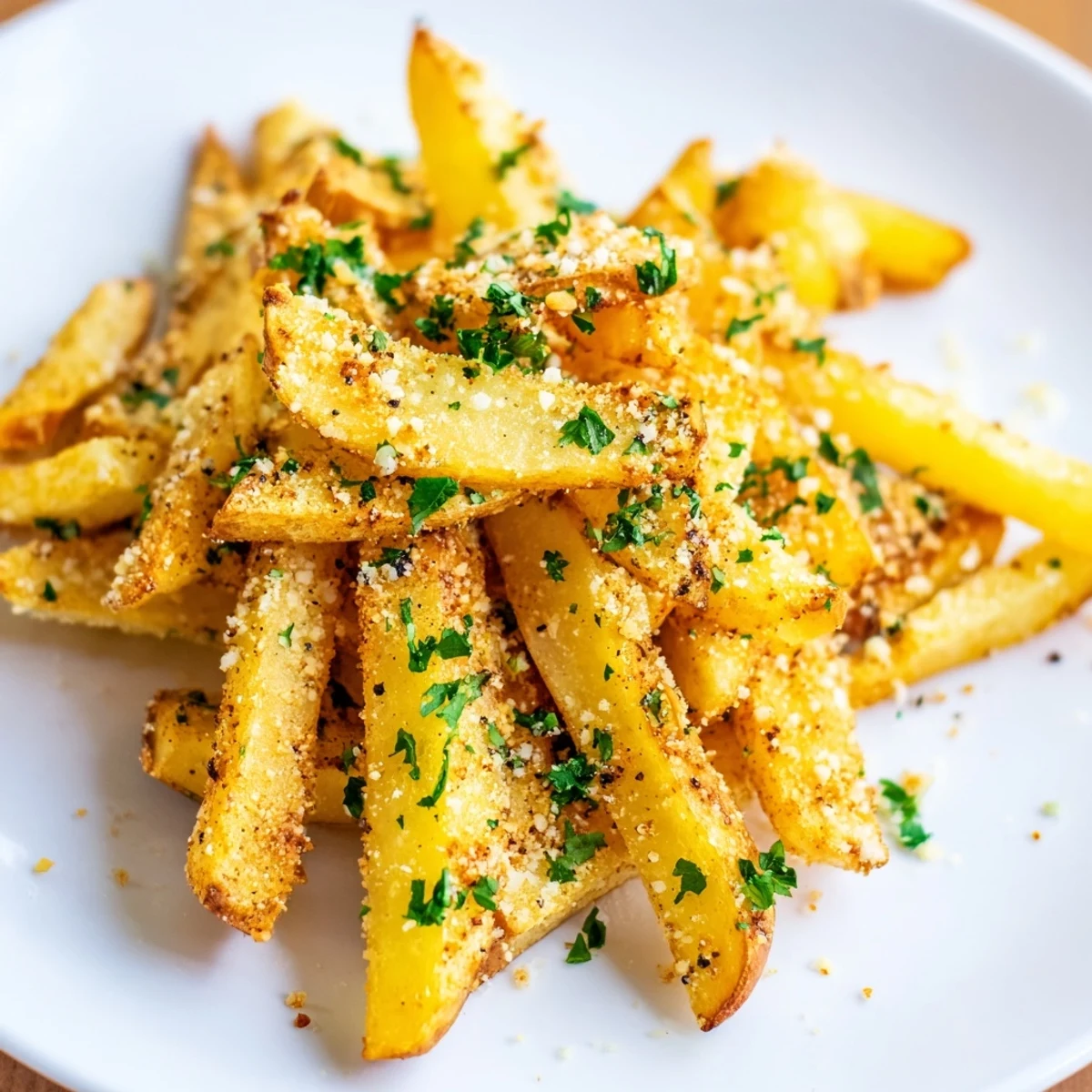 Golden-brown Gridiron Garlic Parmesan Fries are baked until crispy, then tossed with minced garlic, fresh herbs, and grated Parmesan on a platter.