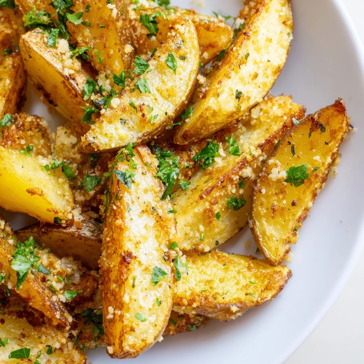 A close-up of crispy Gridiron Garlic Parmesan Fries with golden edges, sprinkled with herbs and cheese, perfect for a game day snack.