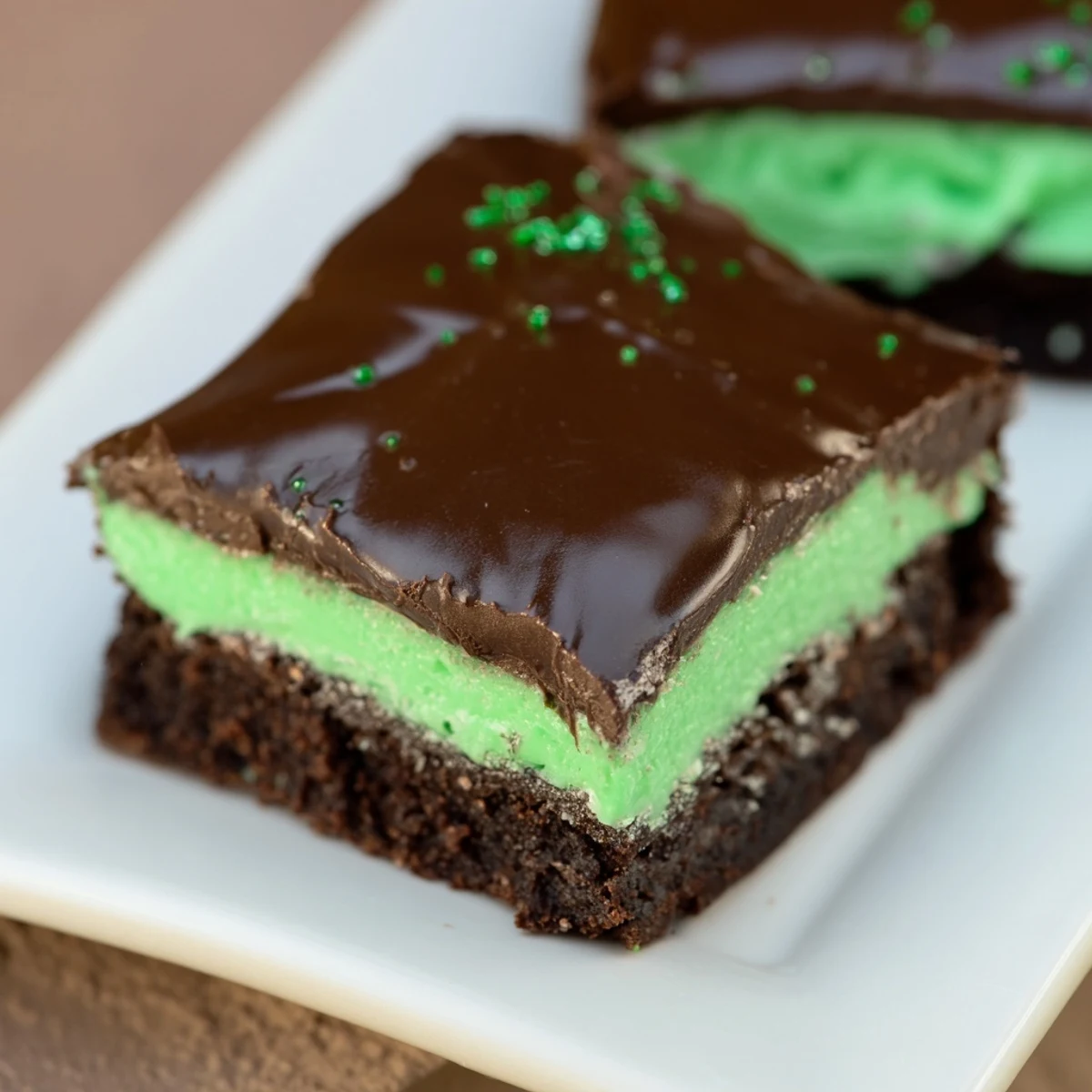 Freshly baked St. Patricks Day Mint Brownies topped with a shiny chocolate ganache, highlighting the moist texture and colorful mint interior.