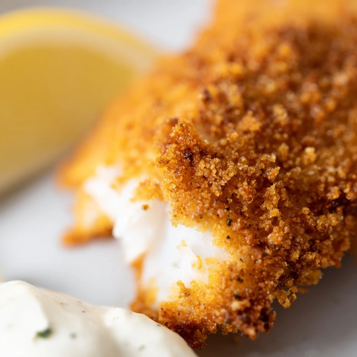 Golden-brown Louisiana Style Fried Catfish fillets with a crispy cornmeal crust and a wedge of fresh lemon.