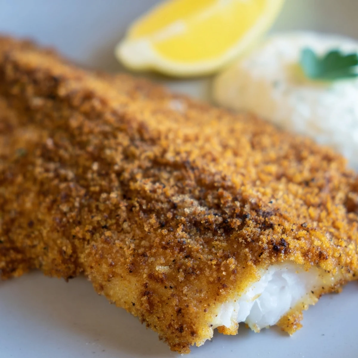 Freshly fried Louisiana Style Fried Catfish served with tartar sauce and pickles on a rustic plate.