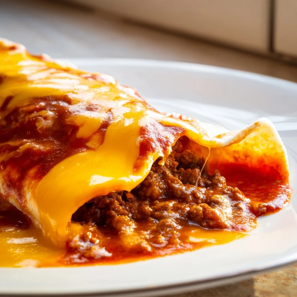 Tender ground beef filling wrapped in corn tortillas, smothered in rich red enchilada sauce and melted cheese for a classic dinner.  