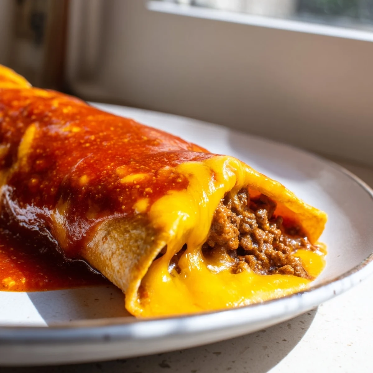Cheesy beef enchiladas with vibrant red sauce and warm corn tortillas, ready for a festive family meal.