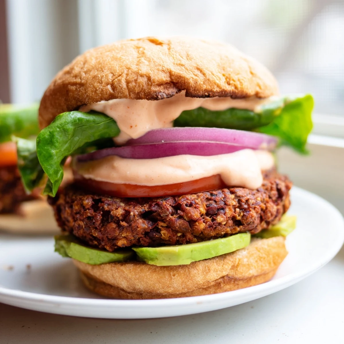 Golden-brown Vegan Black Bean Burger with Chipotle Lime Mayo oozing from a toasted bun, topped with fresh avocado and tomato.