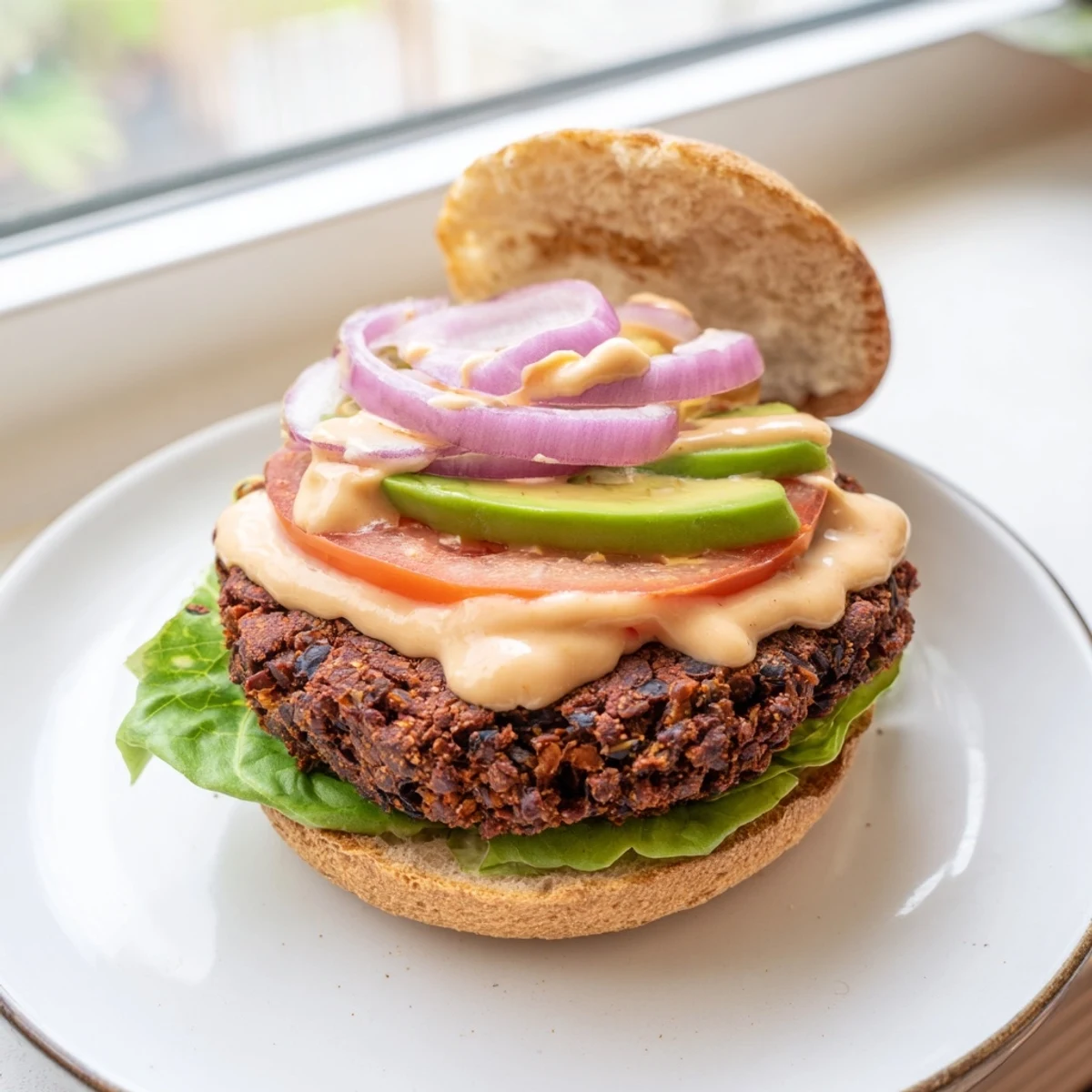 A close-up of a Vegan Black Bean Burger with Chipotle Lime Mayo on a rustic plate, garnished with crisp lettuce and red onion.