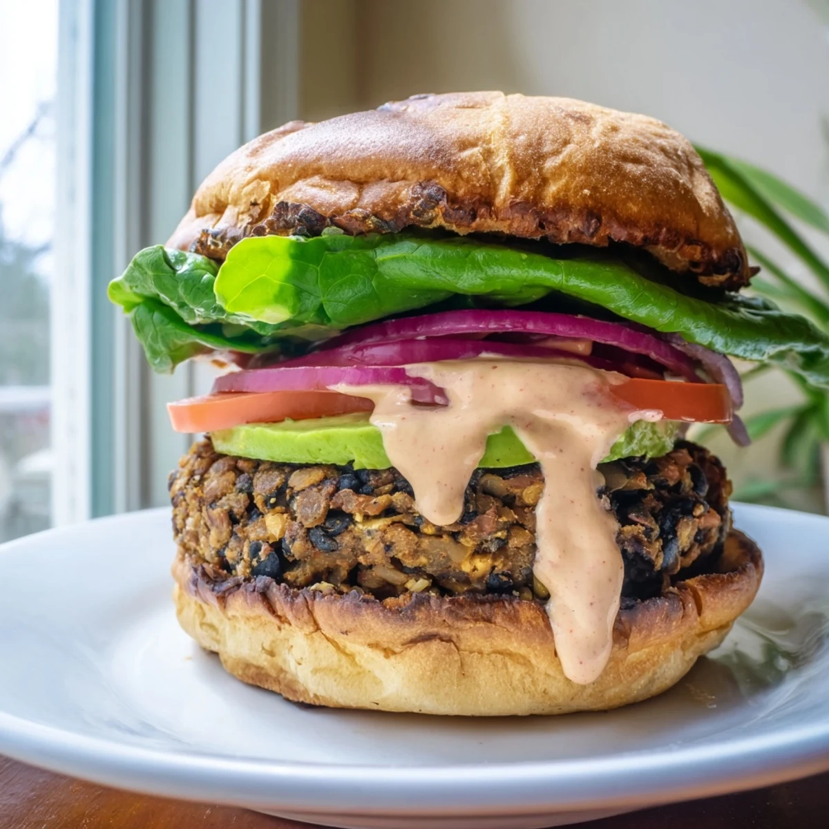 Close-up of a juicy Vegan Black Bean Burger with Chipotle Lime Mayo dripping onto a plate, ready for a hearty dinner.
