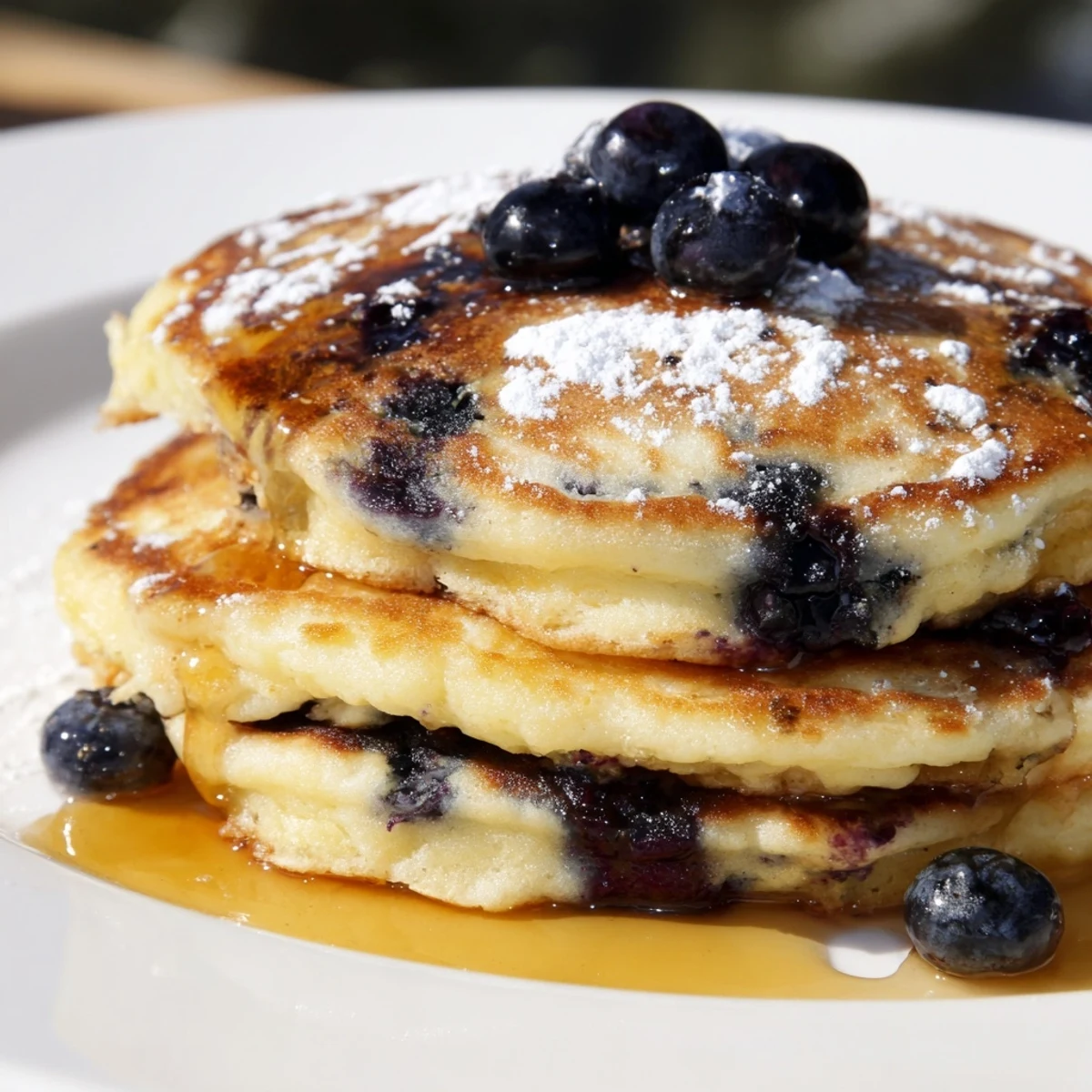 Golden-brown Lemon Blueberry Ricotta Pancakes stack high on a white plate, drizzled with maple syrup and dusted with powdered sugar.  
