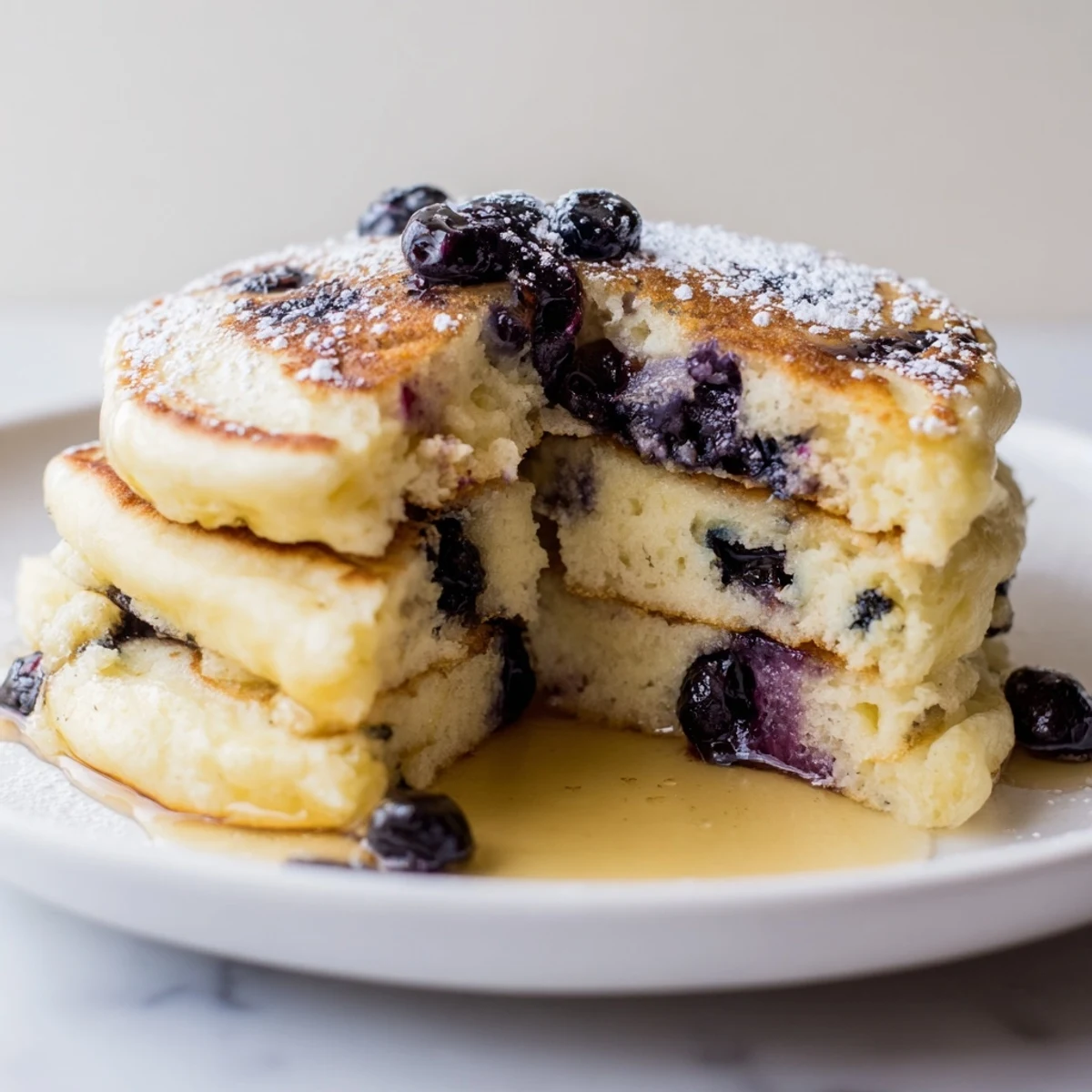 Fresh blueberries and lemon zest garnish these fluffy ricotta pancakes, served warm for a bright, comforting breakfast or brunch.  