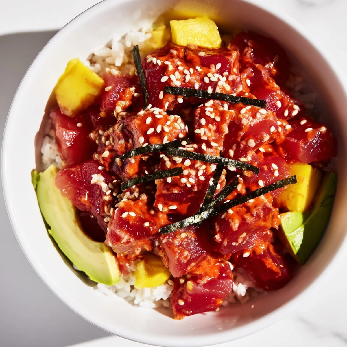 Fresh diced spicy tuna, creamy avocado, and sweet mango layered over seasoned sushi rice in a bowl.