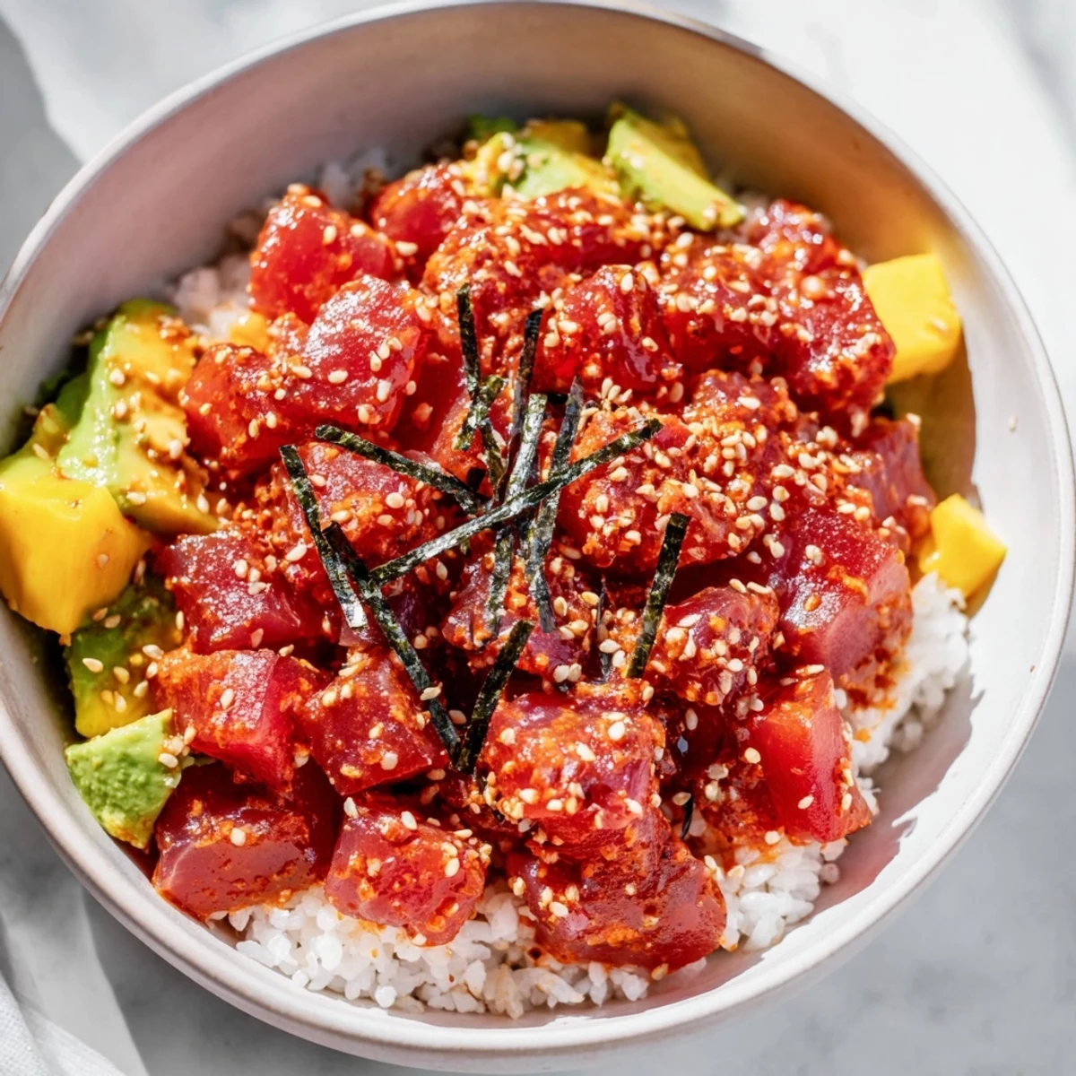 Colorful cucumber and red onion slices garnish the vibrant Spicy Tuna Poke Bowl with Avocado and Mango.