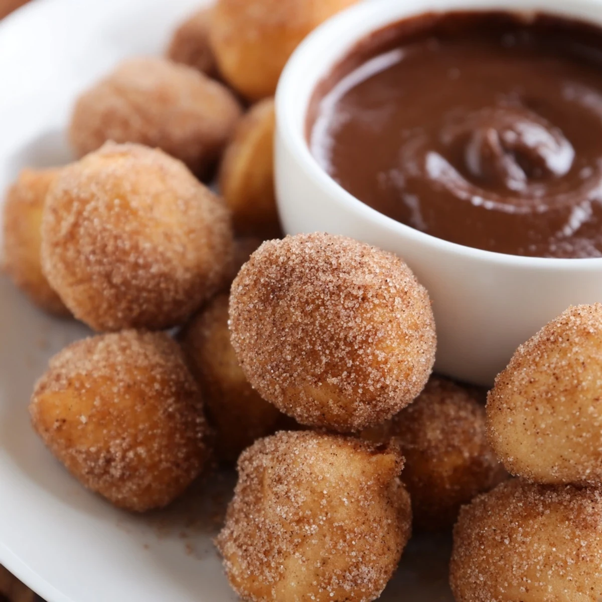 Cozy dessert of fluffy Cinnamon Sugar Donut Holes alongside a rich, silky chocolate dipping sauce.