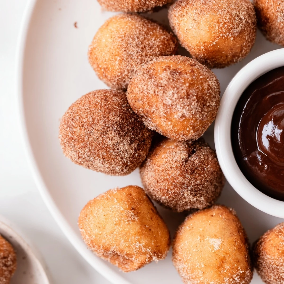 Golden-brown Cinnamon Sugar Donut Holes with a glossy chocolate dip, ready to enjoy warm.