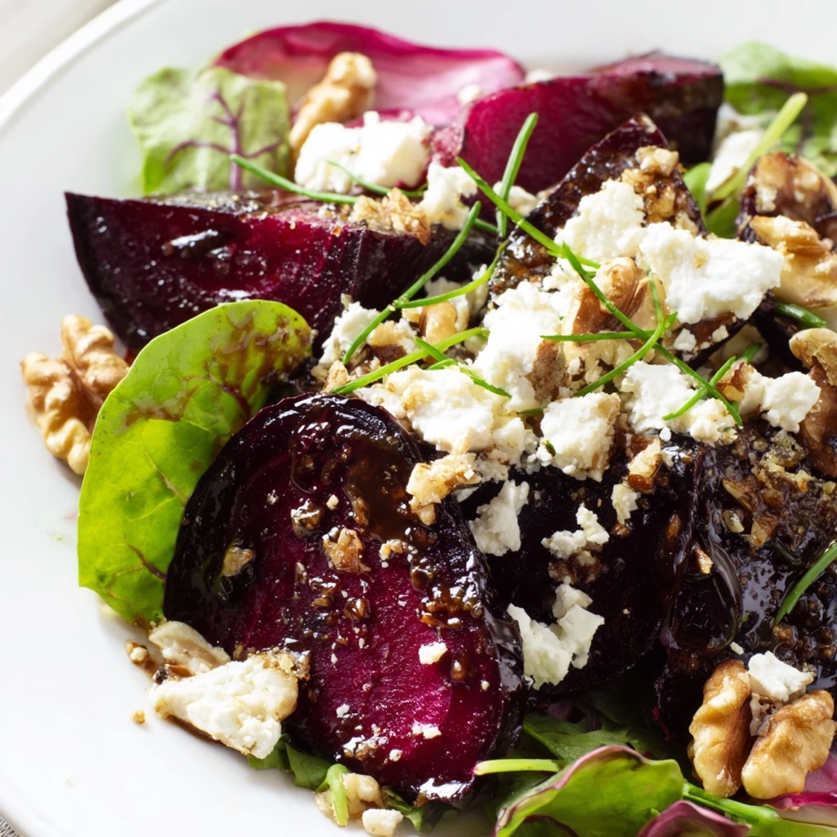 Vibrant Roasted Beet Salad with Goat Cheese and Walnuts features ruby-red beet wedges, crumbled goat cheese, and toasted walnuts on a bed of fresh greens.  