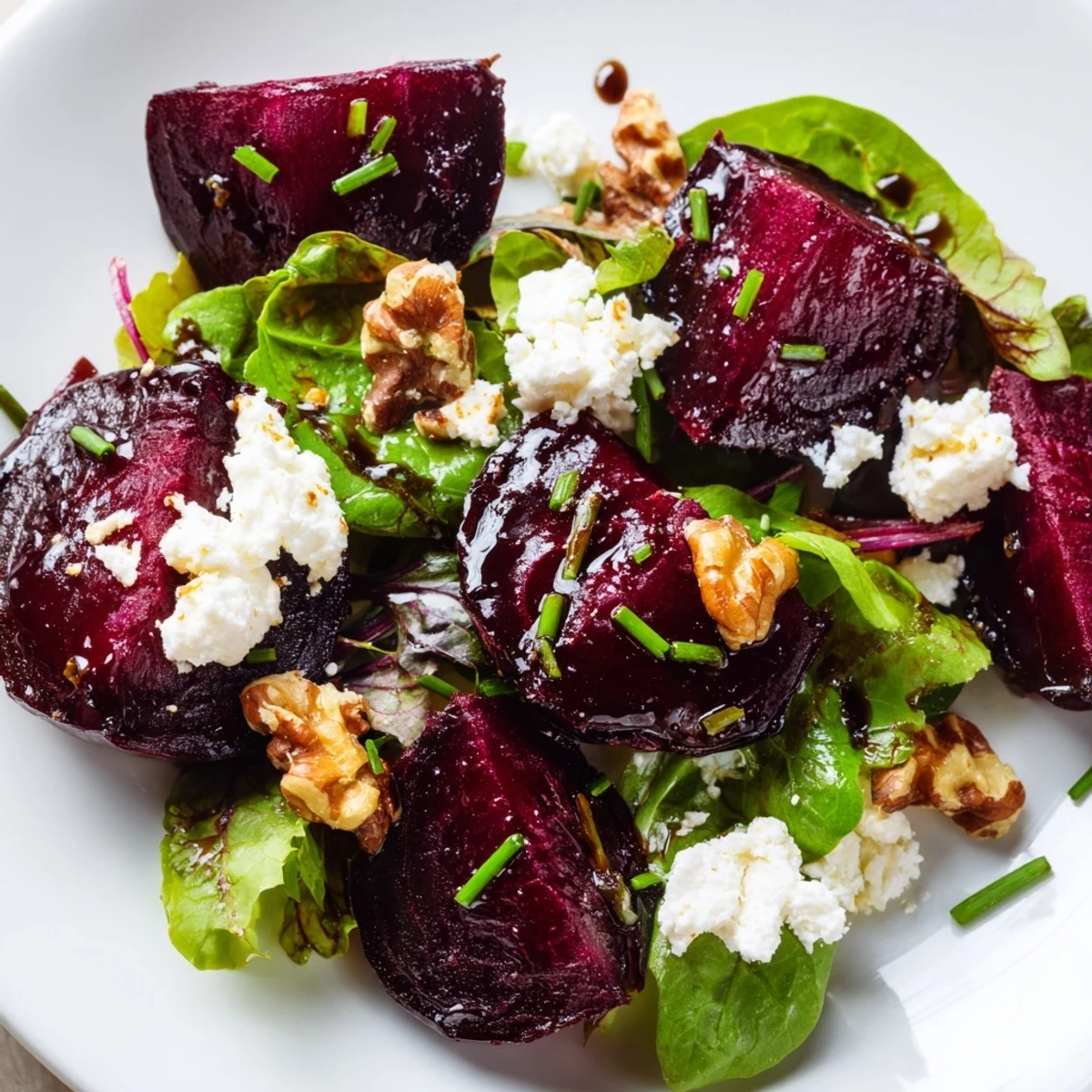 A close-up of Roasted Beet Salad with Goat Cheese and Walnuts shows glistening beet slices, creamy cheese crumbles, and golden toasted walnuts.  