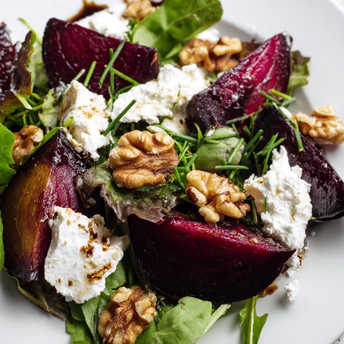 Sliced Roasted Beet Salad with Goat Cheese and Walnuts on a rustic platter, drizzled with tangy vinaigrette and garnished with fresh chives.
