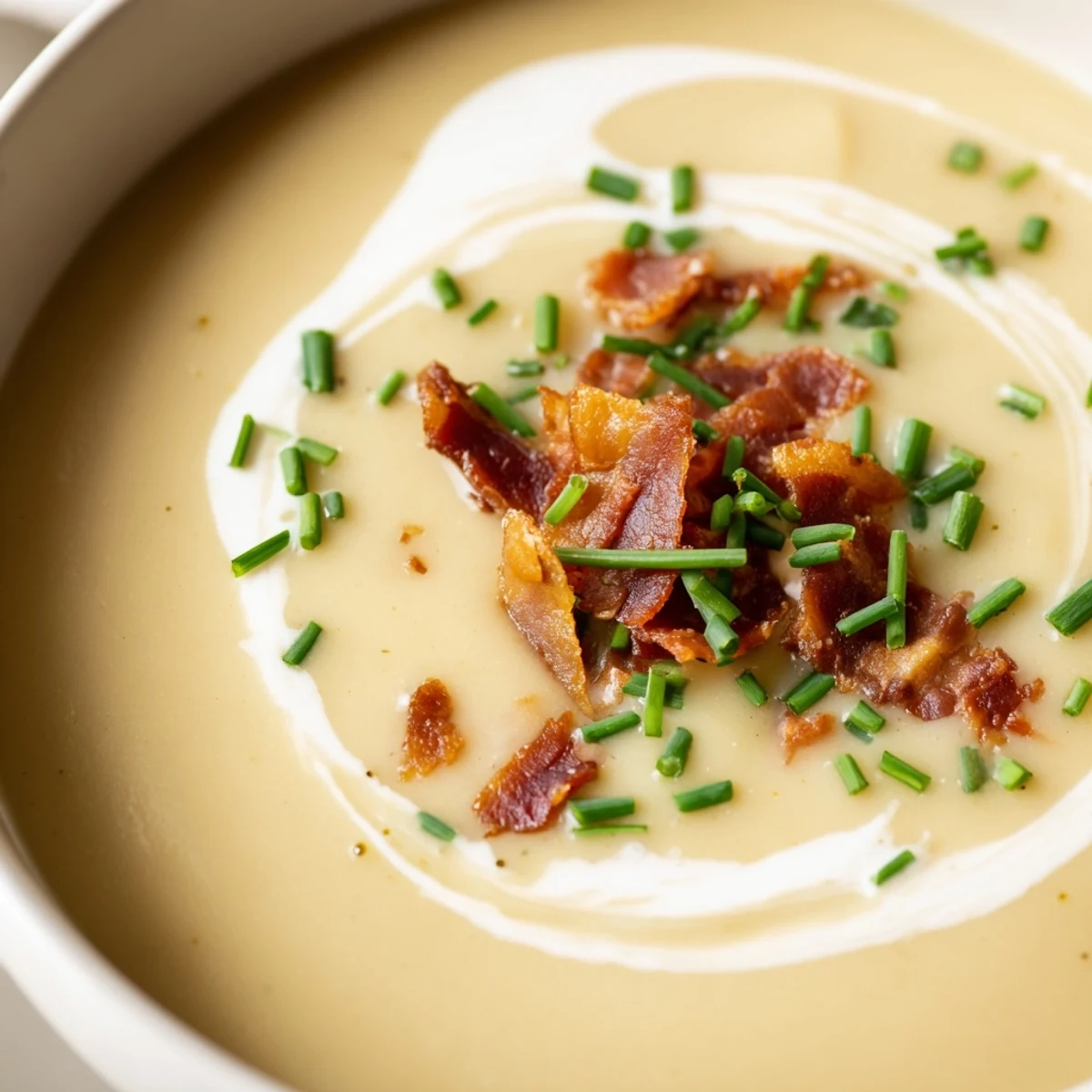 Velvety Creamy Potato Leek Soup with Crispy Turkey Bacon paired with crusty bread on a cozy kitchen table.