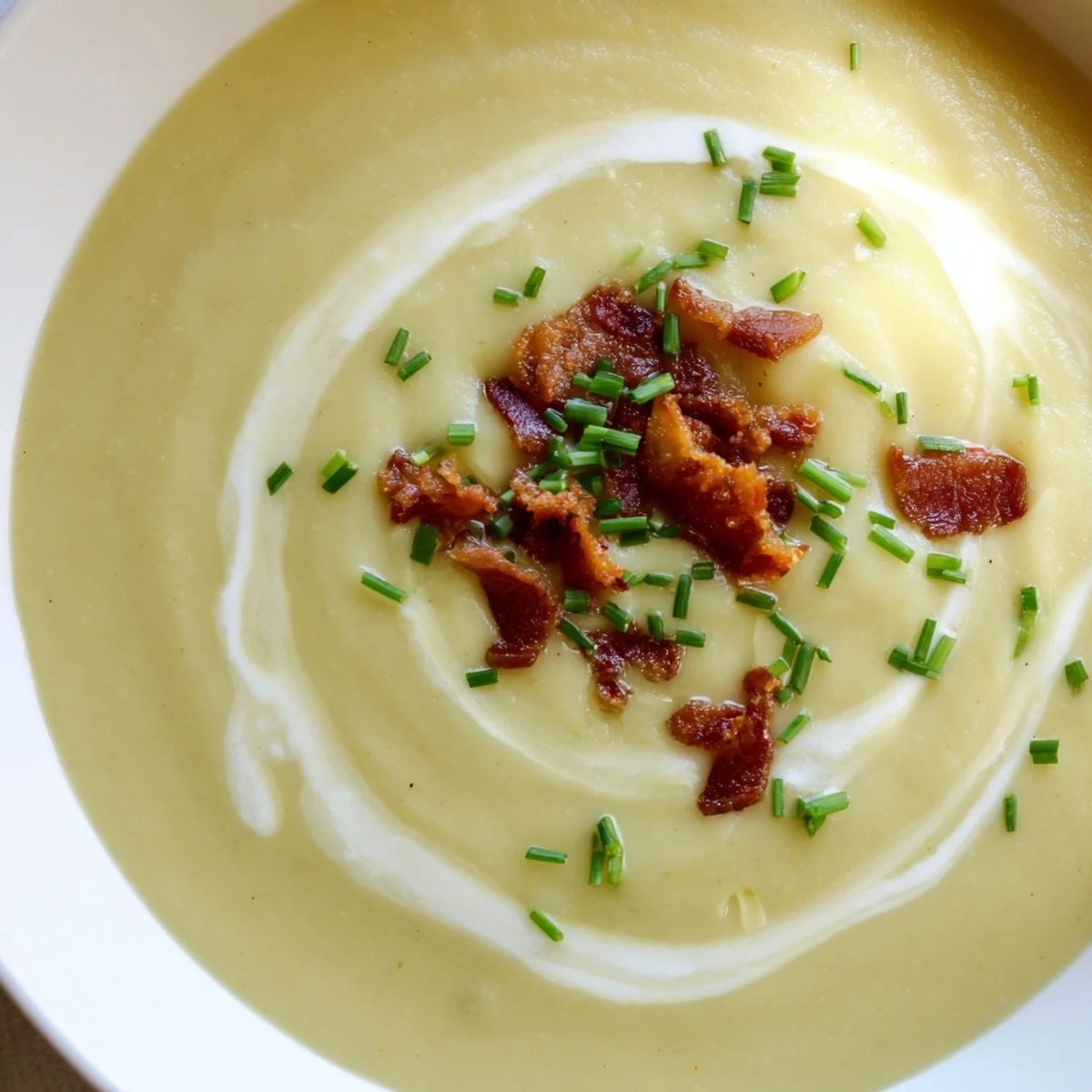 A spoon dipping into creamy potato leek soup topped with crunchy crumbled turkey bacon and fresh herbs.