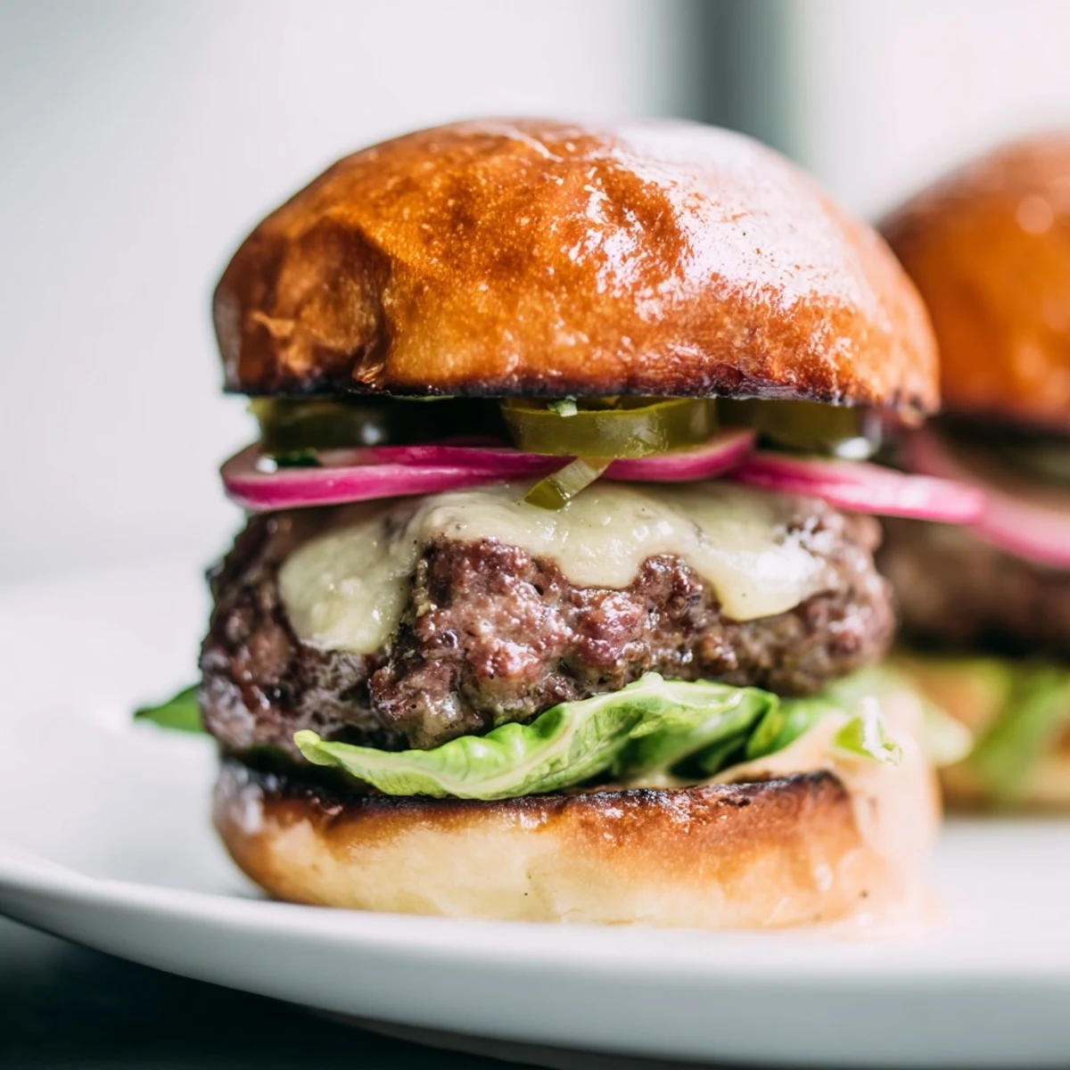 Golden-brown, cheese-topped Touchdown Spicy Beef Sliders, layered with lettuce, jalapeños, and red onion on toasted buns for a game-day feast.  