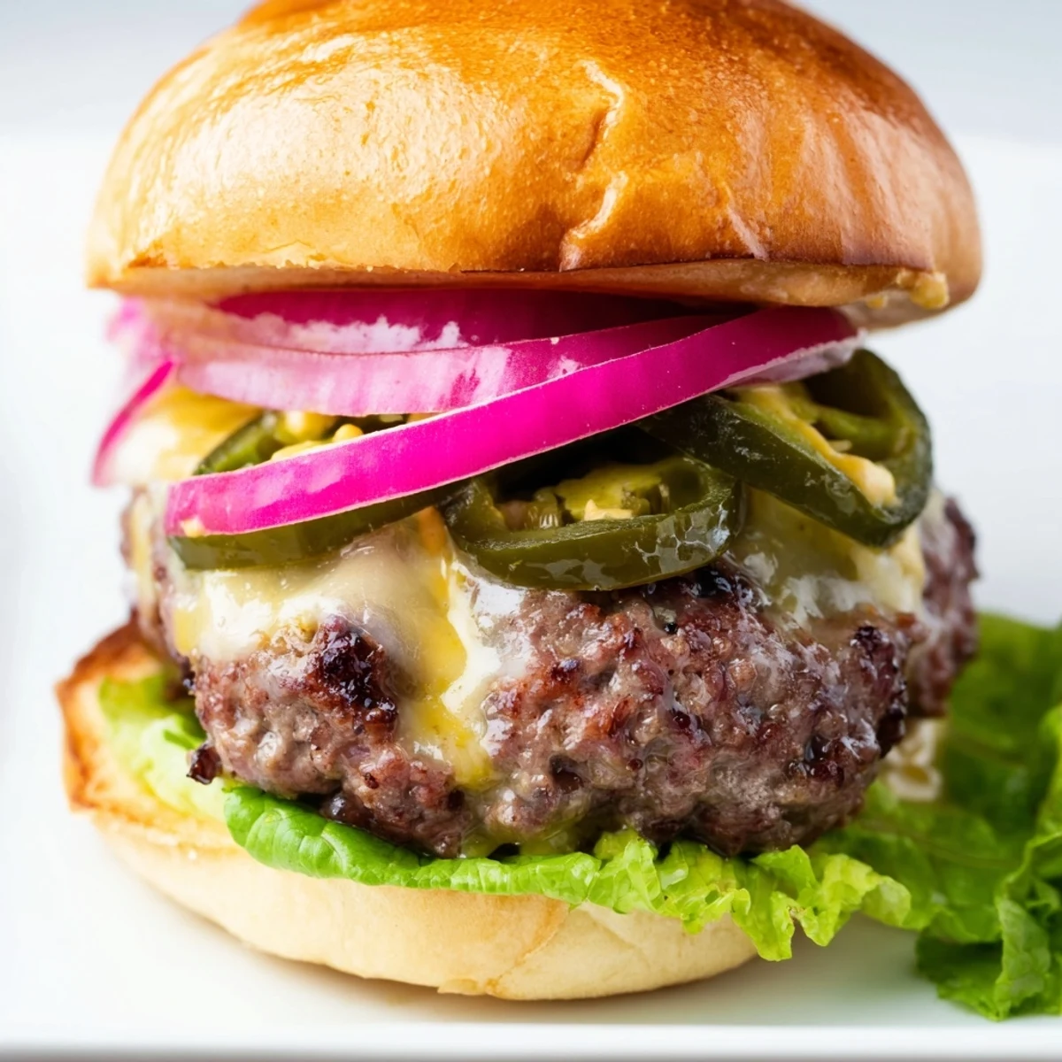 Close-up of juicy Touchdown Spicy Beef Sliders with melted pepper jack cheese and spicy mayo on a rustic wooden serving board.  