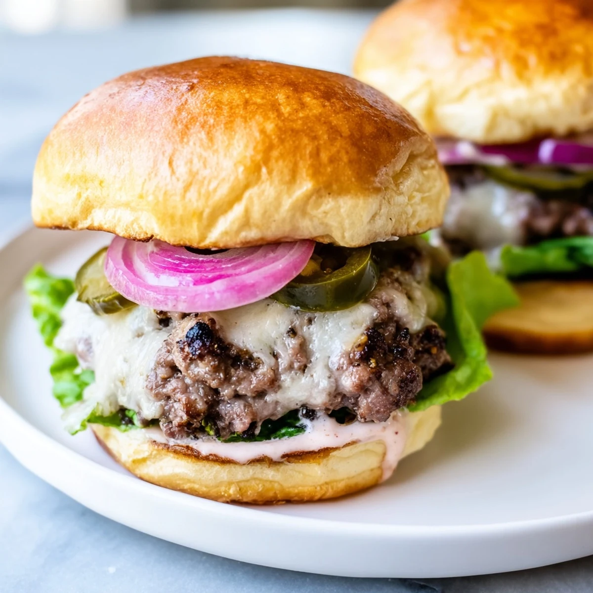 Plated Touchdown Spicy Beef Sliders with crispy bun edges, fresh toppings, and a side of dip for a casual gathering.