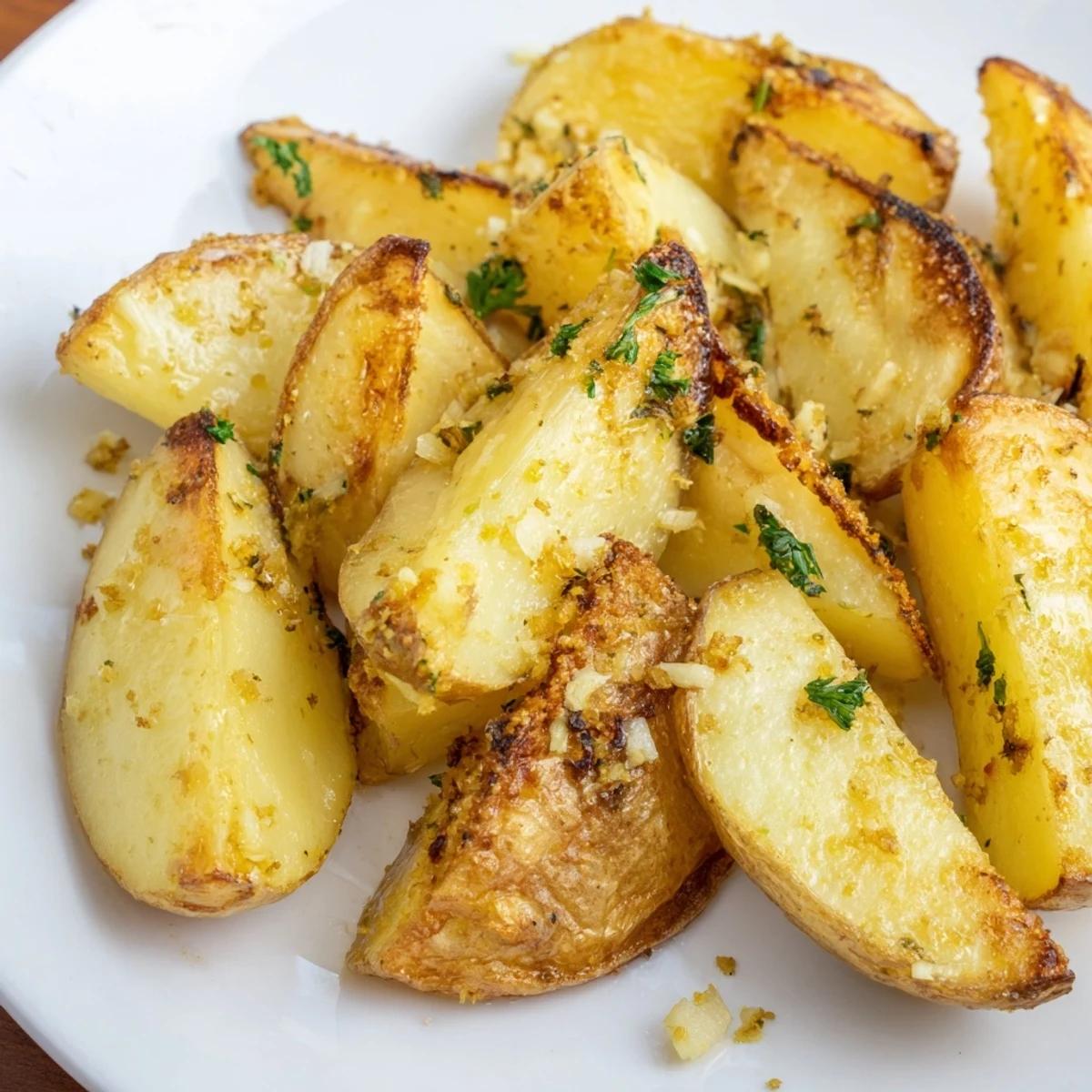 Fragrant Lemon Garlic Roasted Potatoes roasted until crisp, garnished with fresh parsley.