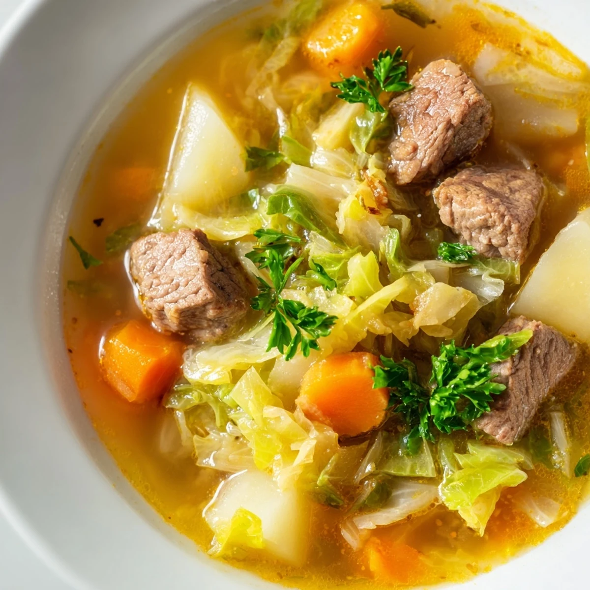 A steaming bowl of Irish Cabbage and Beef Soup, brimming with tender beef chunks, soft potatoes, and wilted cabbage in a rich broth.  