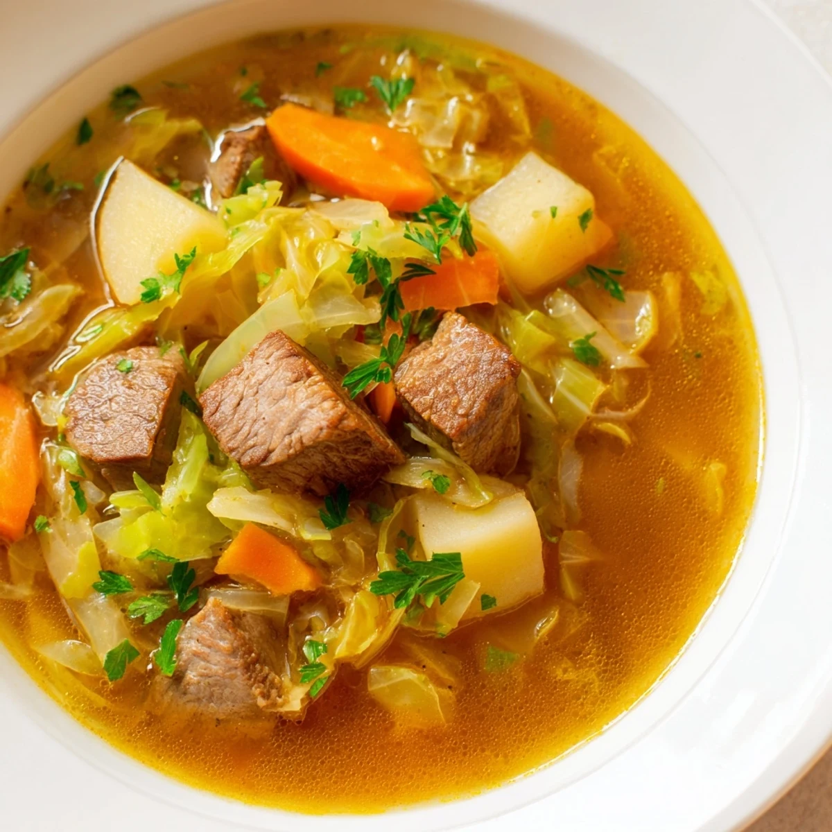 Irish Cabbage and Beef Soup simmering in a pot, with carrots, celery, and onions melding into a fragrant, hearty stew.  