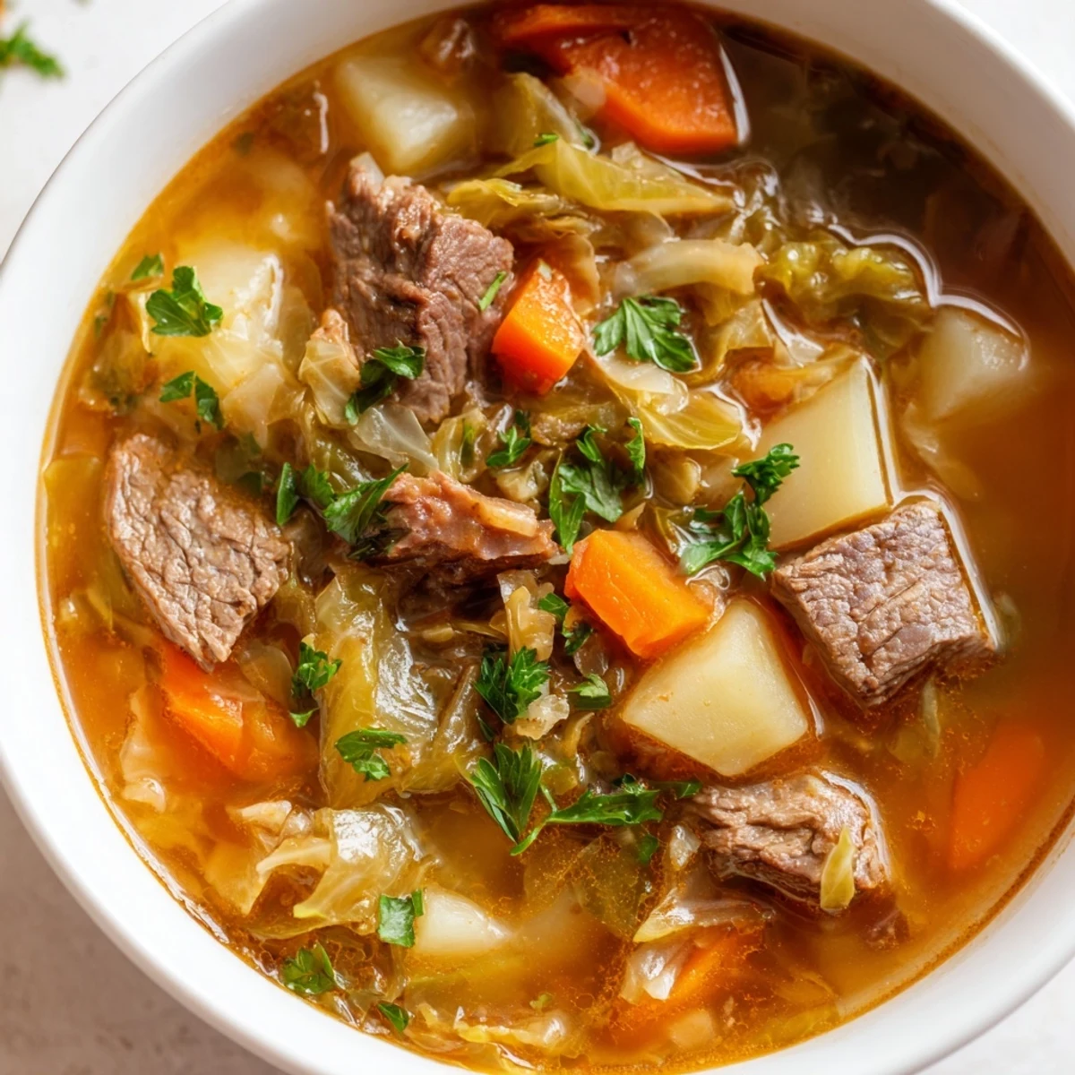 Ready-to-serve Irish Cabbage and Beef Soup garnished with fresh parsley, perfect alongside crusty bread for a comforting meal.