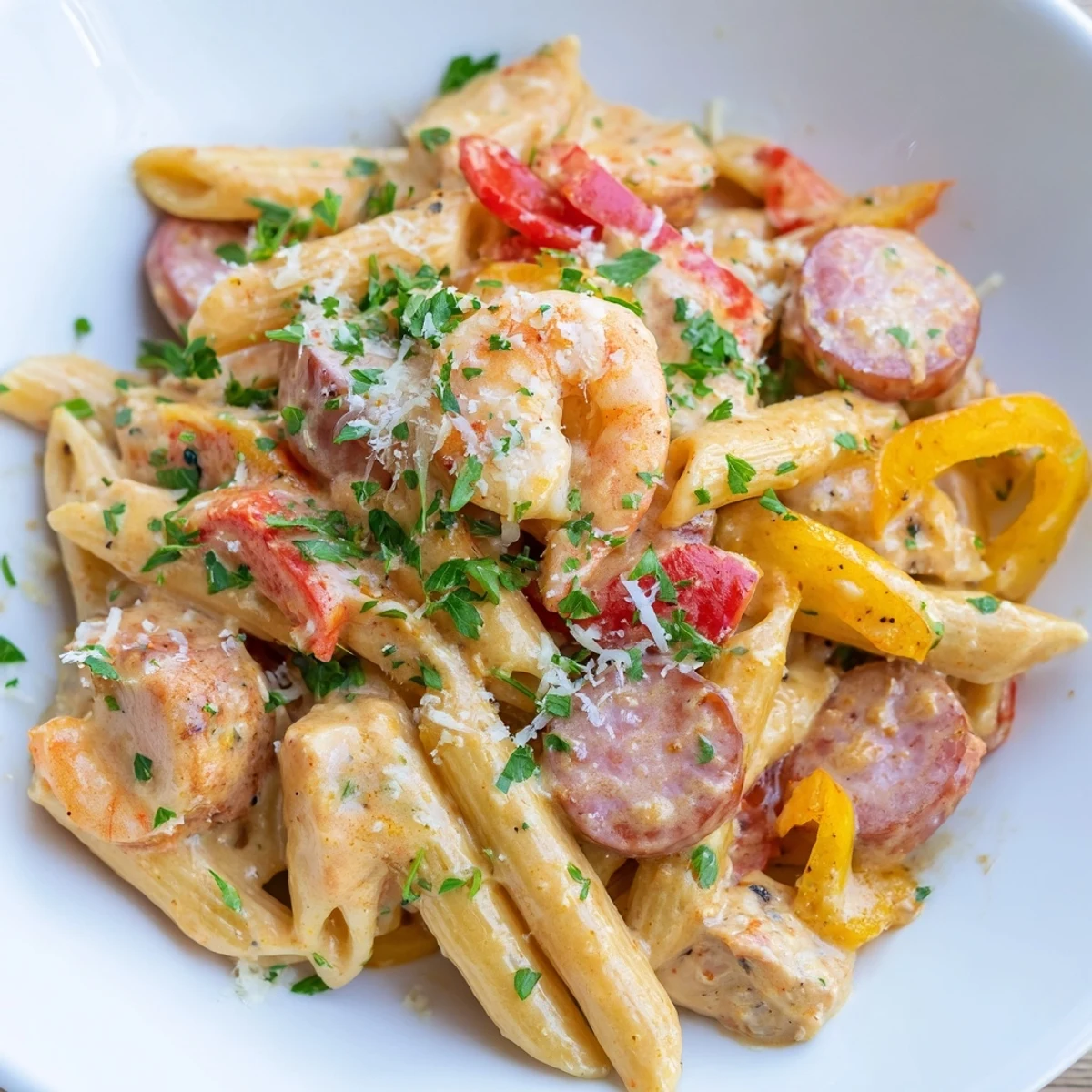 A skillet of Mardi Gras Jambalaya Pasta garnished with fresh parsley and lemon wedges, ready to serve for a festive dinner.