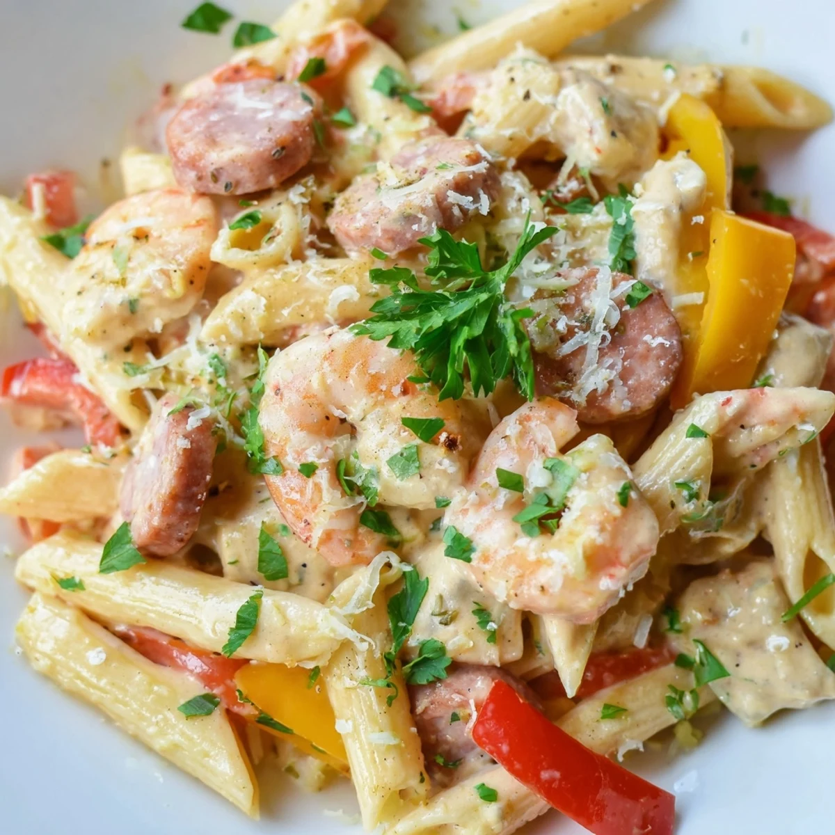 Steam rises from the rich, spicy pasta dish, showcasing succulent shrimp and slices of smoked sausage in a creamy Creole sauce.