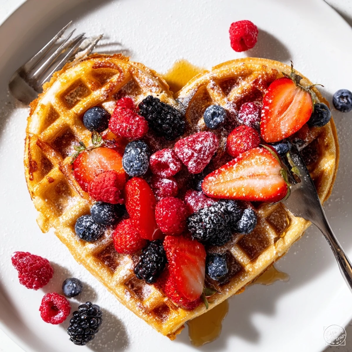 Golden-brown Heart Shaped Waffles with Berries rest on a plate, dusted with powdered sugar and topped with vibrant strawberries and blueberries.