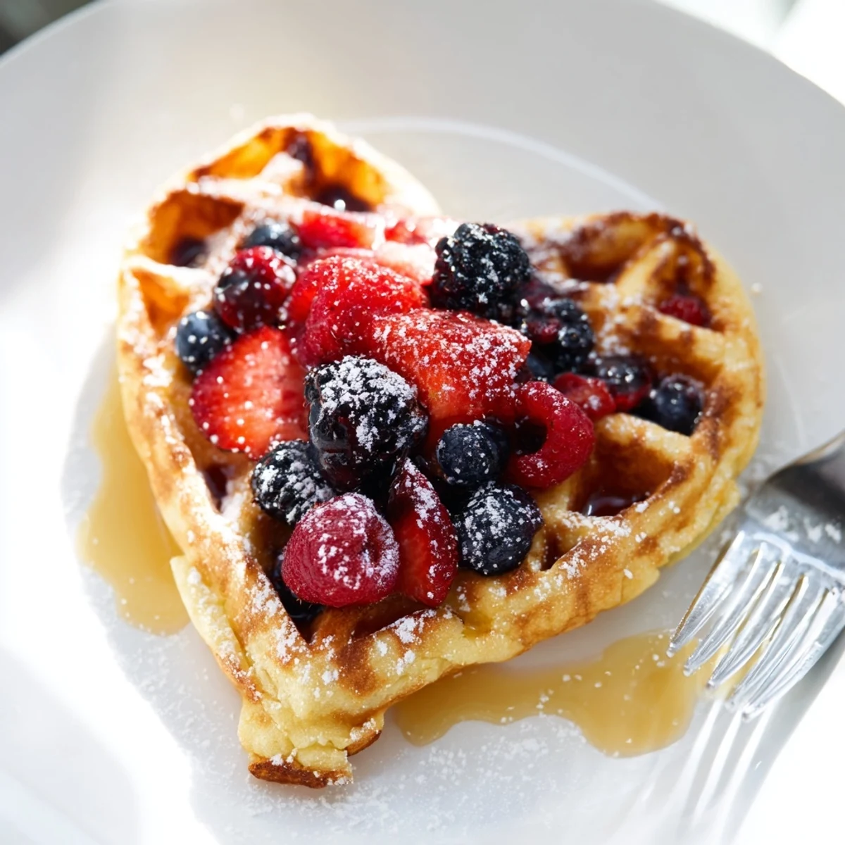 A stack of fluffy Heart Shaped Waffles with Berries is ready for breakfast, featuring a side of maple syrup and fresh raspberry garnish.